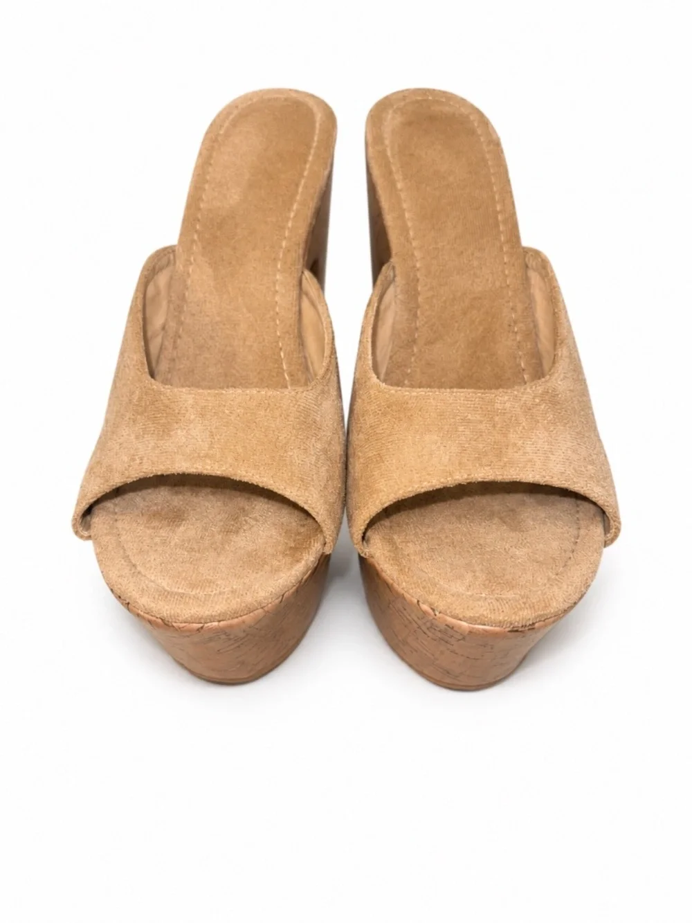 Tan Faux Suede Cork Platform Wedge Slide Sandals